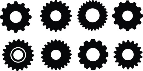 Set of Gear Silhouettes: Flat Vector Icons Representing Machinery, Industry, Progress, Technology, and Mechanical Engineering Designs.