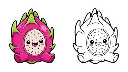 Cute dragon fruit illustration vector isolated transparent PNG, exotic tropical pitaya clipart, kawaii fruit cartoon drawing with smiling face, healthy food design, 