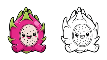 Cute dragon fruit illustration vector isolated transparent PNG, exotic tropical pitaya clipart, kawaii fruit cartoon drawing with smiling face, healthy food design, 