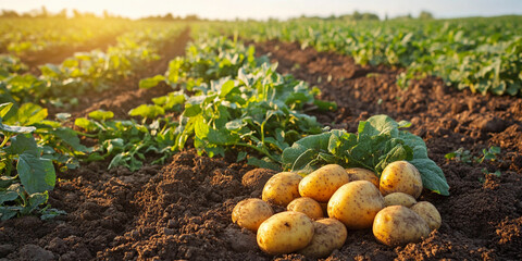 Freshly harvested potatoes in a sunlit field Generative AI