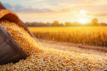 Golden corn kernels spilling from a wooden container at sunset Generative AI