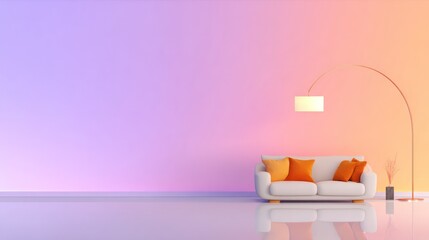 Minimalist interior scene with a couch, lamp, and decorative vase against a pastel gradient