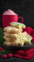 Close-up of Festive Holiday Sugar Cookies Arranged with Hot Chocolate