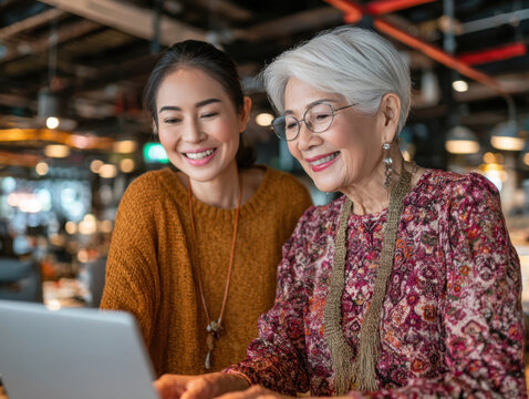 An older employee shares her expertise with a younger colleague, fostering collaboration and growth in a modern workplace