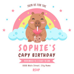 Birthday invitation design with capybara drinking bubble tea and rainbow