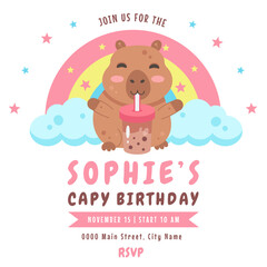 Birthday invitation design with capybara, rainbow and bubble tea