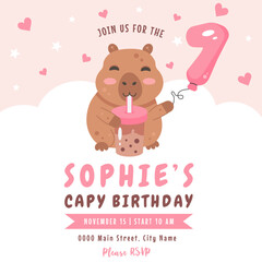 Birthday invitation design with capybara, number 1 balloon and bubble tea