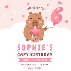 Birthday invitation design with capybara, number 6 balloon and bubble tea