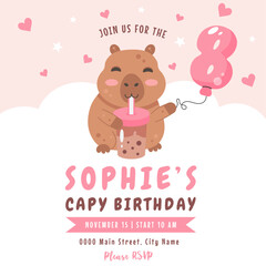 Birthday invitation design with capybara, number 8 balloon and bubble tea