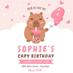Birthday invitation design with capybara, number 4 balloon and bubble tea