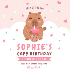 Birthday invitation design with capybara and bubble tea on starry background