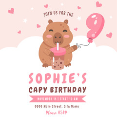 Birthday invitation design with capybara, number 1 balloon and bubble tea