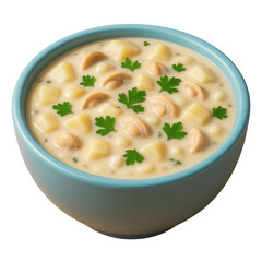 Creamy potato and mushroom soup bowl isolated illustration on transparent background