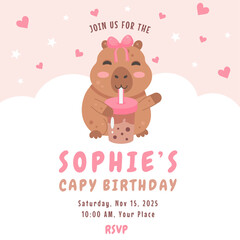 Birthday invitation design with capybara girl and bubble tea