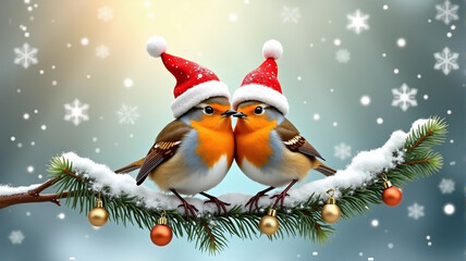 Festive winter scene with two robins wearing Santa hats perched on snow-covered fir branch, creating a joyful holiday atmosphere for seasonal decorations or greeting cards.