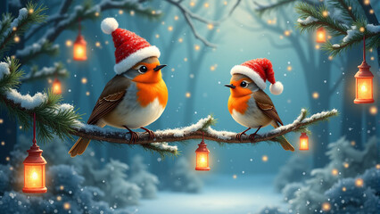 Illustration of cheerful robins in Santa hats sitting on snowy branch with glowing lanterns and falling snowflakes, creating a warm holiday mood for festive greeting cards or seasonal decor.