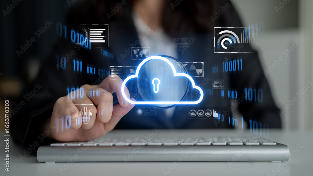 Poster cloud computing enables digital growth with secure data storage, scalable infrastructure, and strate