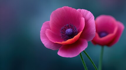 A close up of a red flower with a purple center