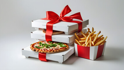 Stack of Three Food Delivery Boxes with Pizza, Burger, and Fries, Tied with Red Ribbon, Flat Minimal Vector Illustration on White Background