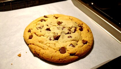 A freshly baked, large chocolate chip cookie rests on parchment paper, showcasing its golden brown exterior and scattered chocolate chips.