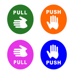 Pull or push door signs set. Icon colour sticker design with hand. Concept for clear entry and exit instructions on transparent background. Vector Illustration
