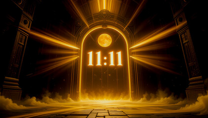 Mystical golden 11:11 spiritual portal with glowing light and full moon background