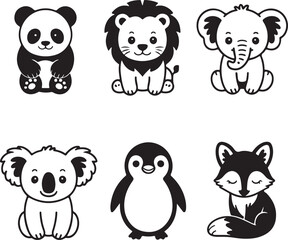 Fototapeta premium Cute Cartoon Animals Set - Panda, Lion, Elephant, Koala