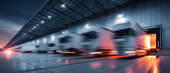 Motion blur of container trucks entering and leaving an international logistics distribution warehouse. Ai generate.	
