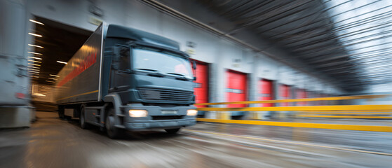 Motion blur of logistics trucks that come to the distribution center to load and distribute goods. Ai generate.