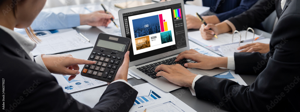 Poster business intelligence and data analysis concept. analyst team working on financial data analysis das