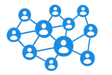 User icons in blue connecting, forming collaborative network grid representing digital communication and social interaction on transparent backdrop
