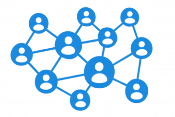 User icons in blue connecting, forming collaborative network grid representing digital communication and social interaction on transparent backdrop