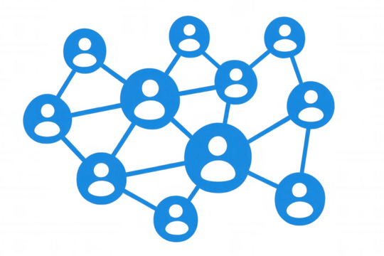 User icons in blue connecting, forming collaborative network grid representing digital communication and social interaction on transparent backdrop