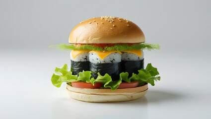 Creative Flat Vector of Isolated Burger with Sushi Rolls as Patty, Minimal Food Fusion Illustration on Clean White Background