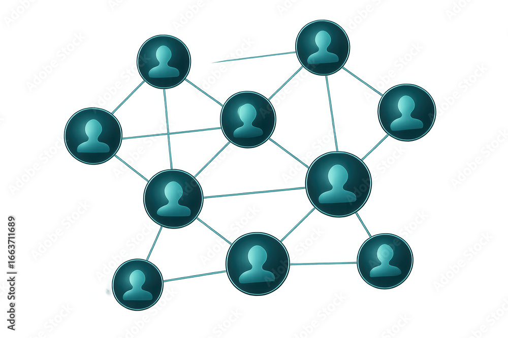 Poster interconnected user icons form a network, symbolizing social media connections, teamwork, and commun