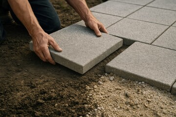 A man is laying bricks on the ground