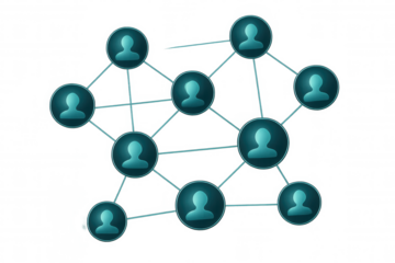 Interconnected user icons form a network, symbolizing social media connections, teamwork, and communication with transparent background