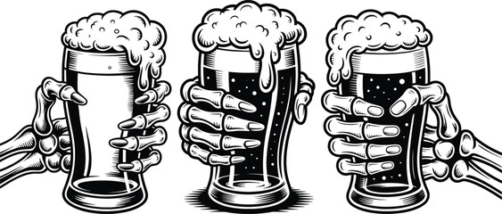 Skeleton Hands Holding Beer Glasses Illustration Set, Gothic Vintage Bar Art