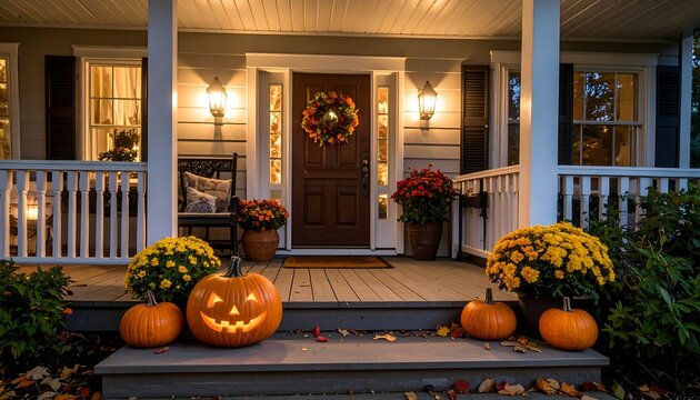 A decorated porch at dusk, autumnal ambiance - Powered by Adobe