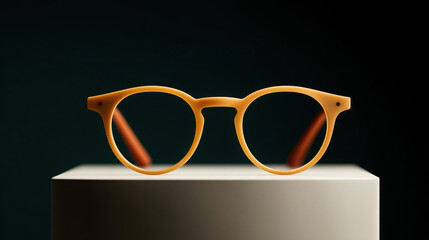 A pair of glasses with a brown frame and red tips