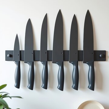 A black knife rack with six knives hanging on it
