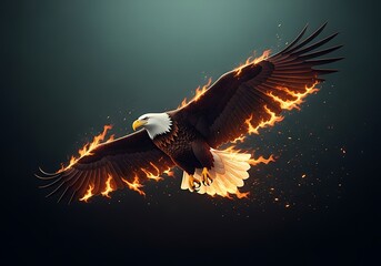 Obraz premium A bald eagle with wings on fire soars through the dark sky