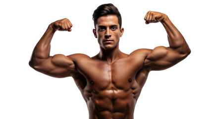 Confident and powerful man with a sculpted, muscular physique flexing his biceps against a clean white background, showcasing his dedication to fitness and strength training