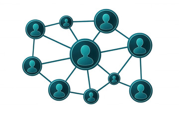 Social network graphic showing linked user profile silhouettes representing digital connectivity, collaborative interaction among people