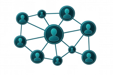 Social network graphic showing linked user profile silhouettes representing digital connectivity, collaborative interaction among people