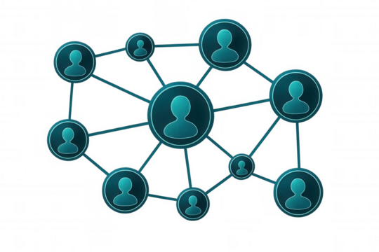 Social network graphic showing linked user profile silhouettes representing digital connectivity, collaborative interaction among people