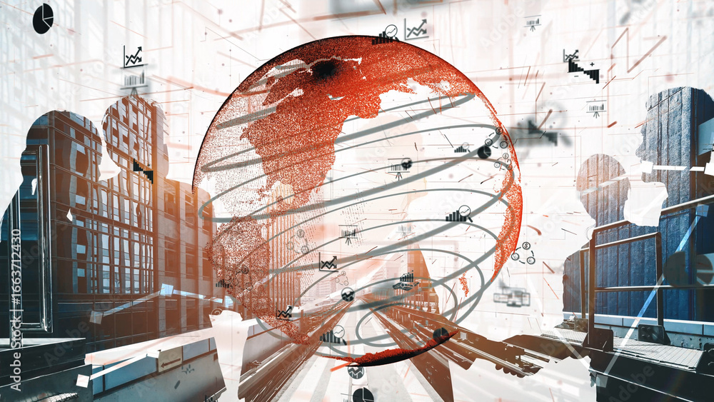 Poster captivating visualization of a global network featuring data analytics against an urban backdrop, de