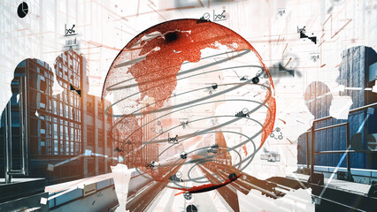 Captivating visualization of a global network featuring data analytics against an urban backdrop, depicting modern economic trends and collaboration in business environments. Xenic