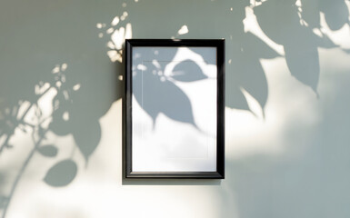 Fototapeta premium Blank framed art print mockup on a minimalist wall with natural leaf shadows for modern home decor projects and interior design presentations