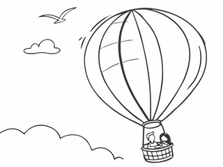 Vector style coloring page with a simple black outline drawing of a hot air balloon with passengers